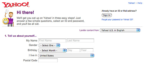 A Yahoo form with explanatory field labels within each of the form fields.