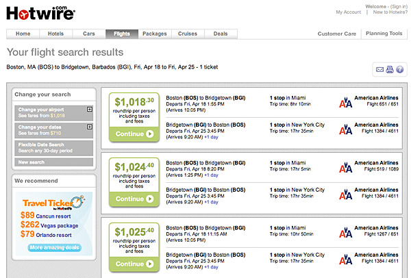 A screen from the hotwire.com travel site showing a listing of various possible airline flights to Barbados, along with prices, airline flight information details, and the number of stops the flight makes on route.