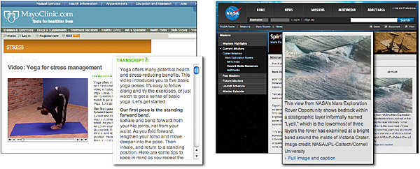 The figure shows two pages from the Mayo Clinic and from the NASA web site. Both pages features video that have accompanying caption transcripts of the video narration.
