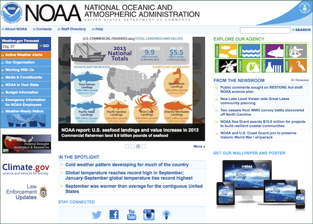 Screenshot of the National Oceanic and Atmospheric Administration's (NOAA) home page containing a carousel and multiple menus and sections with headings, images, and links.