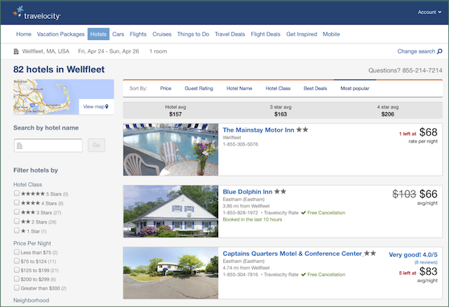Screenshot of the Travelocity search results page showing a list of hotels.