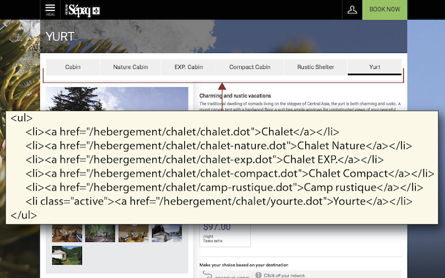 Webpage with a text overlay showing HTML code representing a list of links pointing to the site navigation menu.