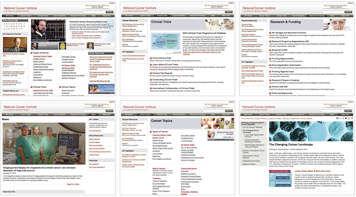 Collage of six pages from the National Cancer Institute website, showing the homepage, landing, news, and content pages, and an index of cancer topics page.