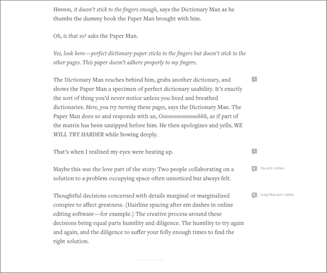 Commented Medium post of an exchange between Paper Man and Dictionary Man, illustrating a range of typographic emphasis.