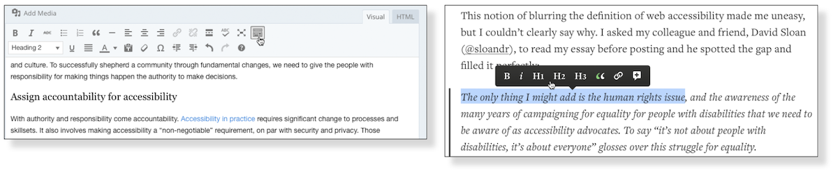 Editing interfaces for two different text editors, each with text selected and formatting toolbars visible above the selections.
