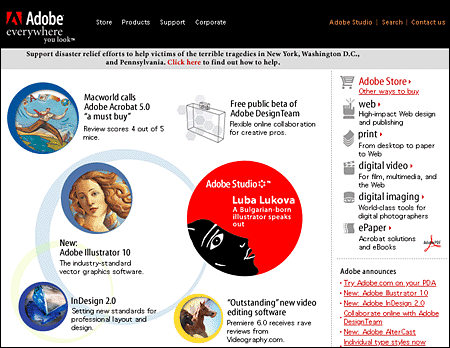 Screen shot: Standard header on Adobe home page