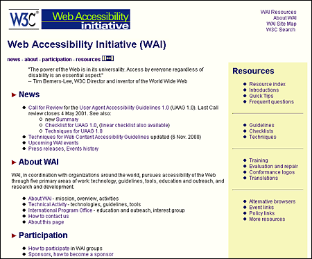 Screen shot: Web Accessibility Initiative home page