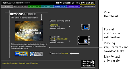 Screen shot: Multimedia menu on HubbleSite page