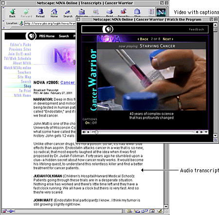 Screen shot: Captioned video and audio transcript on NOVA site