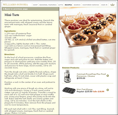 Screen shot: Balance of text, links, and graphics on Williams-Sonoma recipe page