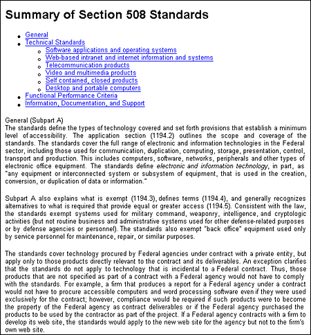 Screen shot: Section 508 Summary of Section 508 Standards page