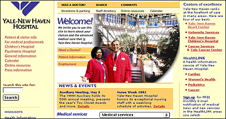 Screen shot: Link categories on Yale-New Haven Hospital home page