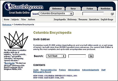 Screen shot: Bartleby Columbia Encyclopedia search page