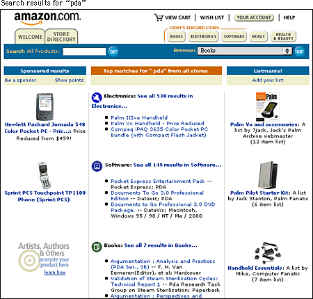 Screen shot: Results from search for "pda" on Amazon site