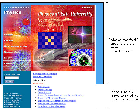 Screen shot: Above the fold design on Physics at Yale University home page