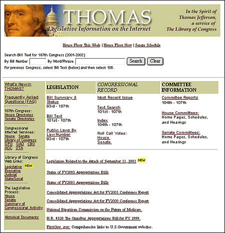 Screen shot: Mixed menu strategies on THOMAS home page