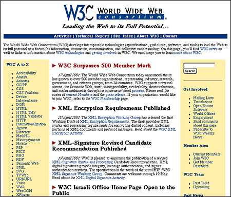 Screen shot: Text-based home page on W3C site