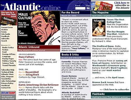 Screen shot: Graphic banner and text-based links on The Atlantic Online home page