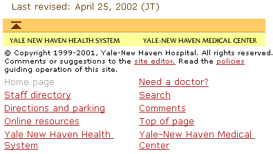 Screen shot: Text-based footer links on Yale-New Haven Hospital pages