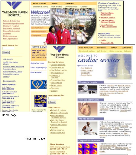 Screen shot: Yale-New Haven Hospital home page and internal page