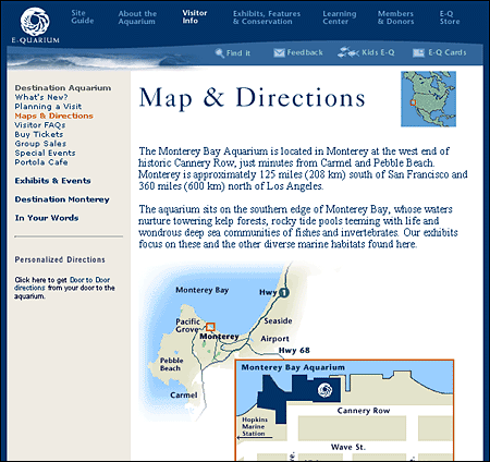 Screen shot: Monterey Bay Aquarium map and directions page