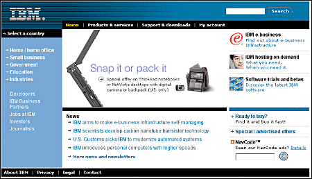 Screen shot: IBM home page
