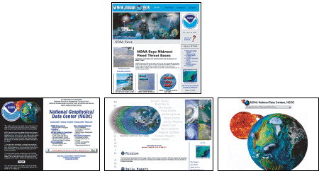 Screen shot: NOAA home page and three internal pages