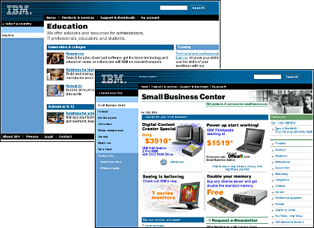 Screen shot: IBM Education and Small Business Center pages
