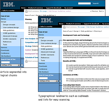 Screen shot: Text written for scanning on two pages from IBM Ease of Use site