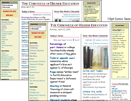 Screen shot: Two views of Chronicle of Higher Education home page