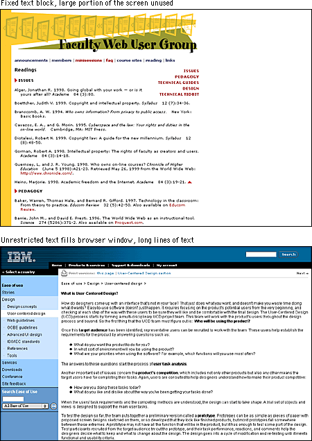 Screen shot: Fixed layout on Faculty Web User Group page and flexible layout on IBM Ease of Use page
