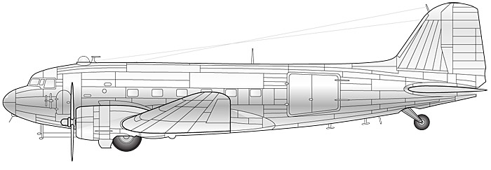 Drawing of the side view of a Douglas DC-3 airplane.