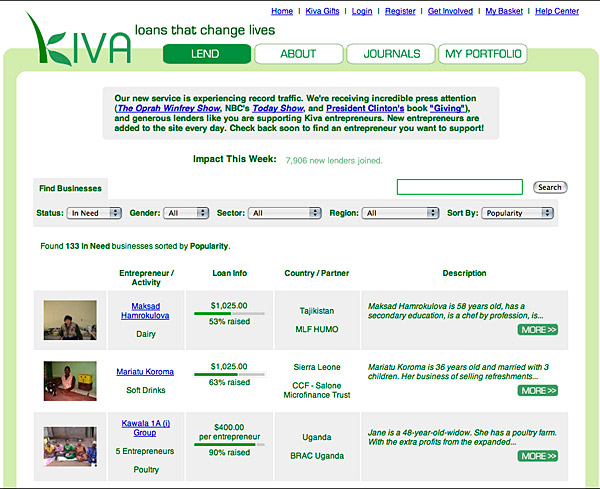 Screen capture of an internal page on the Kiva site.