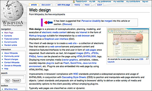 An example of a wiki web site. A screen capture of a page about web design from Wikipedia.