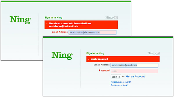 A sign-in form from the Ning site, showing that the error warning text should appear adjacent to the form field where the problem occurs.