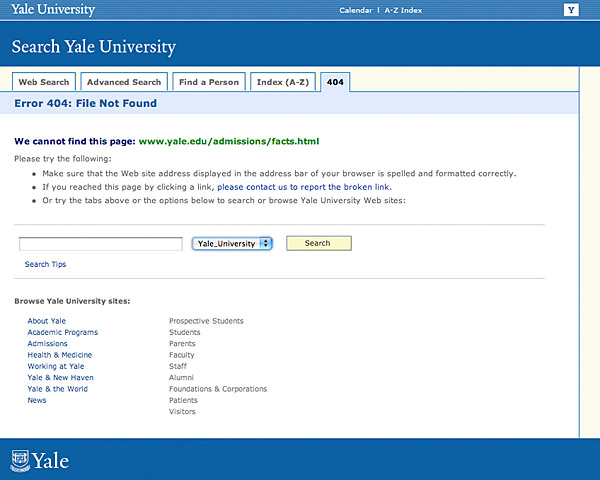 A highly customized '404 Error' page from Yale University, incorporating a search box, and links to many other campus wayfinding tools such as maps and indexes.