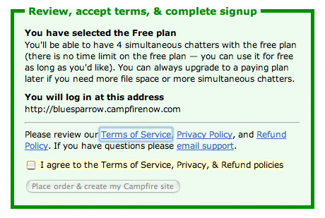 Terms of Service dialog box from the Campfire site.