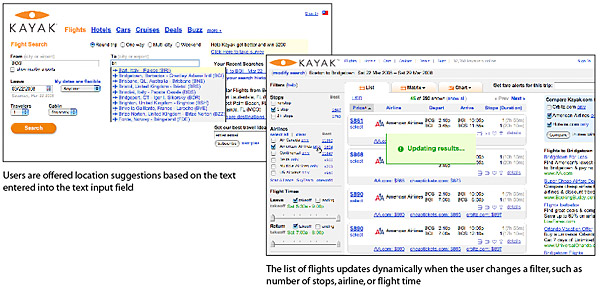 Two very complex interfactive air travel listings from the Kayak site.