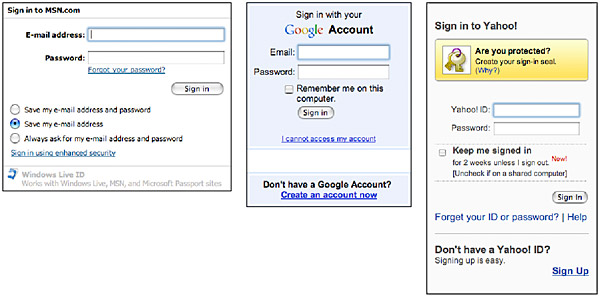 Three examples of sign-in boxes from MSN.com, Google.com, and Yahoo.
