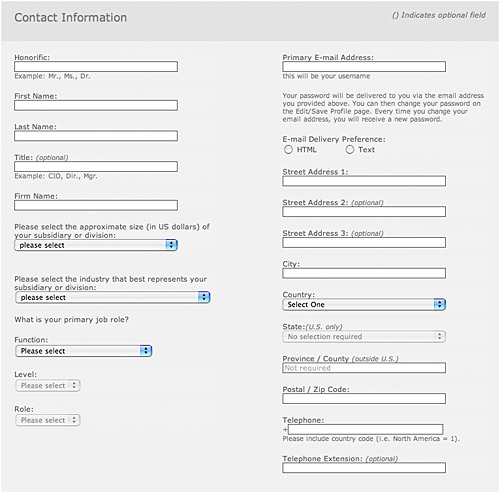 Gartner information form for name, address, contact information, email address, etc.