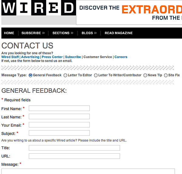 A form from Wired magazine that indicates which fields are required.