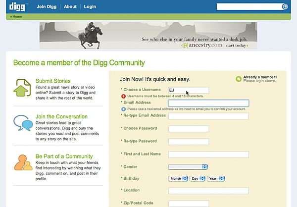 The sign-up form for Digg.com