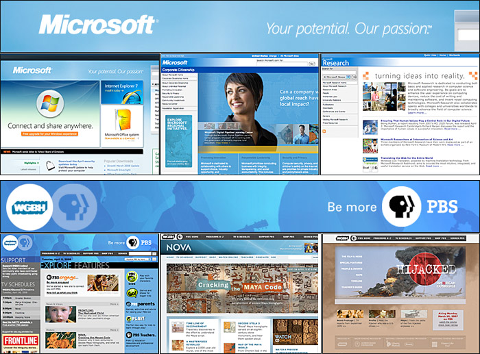 Examples of site identity graphics from the Microsoft and WGBH web sites.