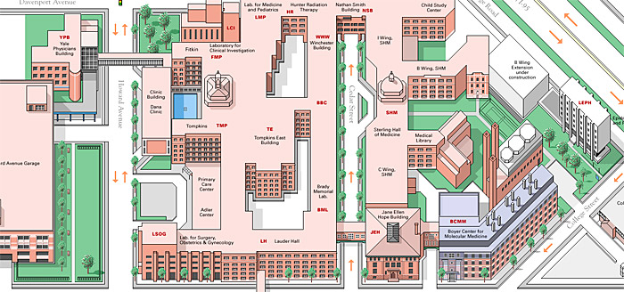 An isometric diagram of the Yale Medical Center Buildings, in a simple color format that compresses well as a GIF graphic.