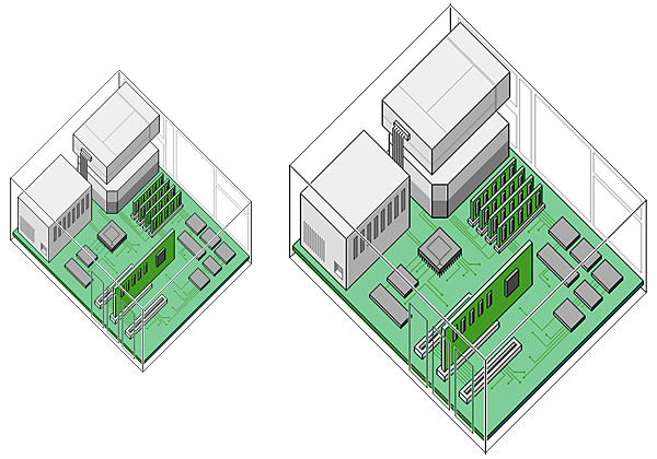 Two views of the same computer bitmapped diagram in a large size, and reduced to about half size, illustrating how the image quality suffers as the diagram is reduced.