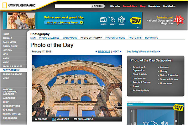 The 'Photo fo the Day' page on the National Geographic web site, showing the large graphics and photos on the page.