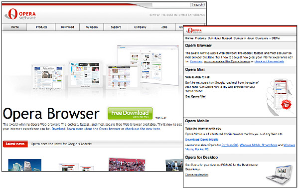 Two views of the Opera browser web site, as seen on a computer screen, and as seen on a mobile phone screen, with fewer graphics displayed.