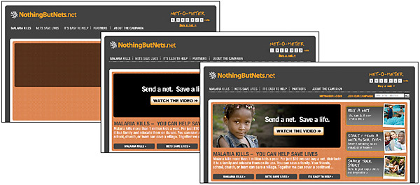 Three screens showing various parts of an animation from the 'nothingbutnets.net' web site.