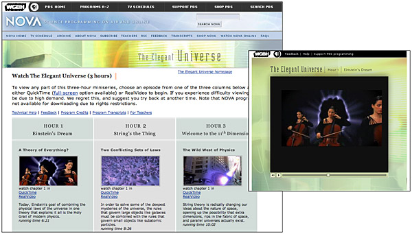 A PBS NOVA web page that offers three NOVA videos, with brief paragraph descriptions of what content each video clip contains.