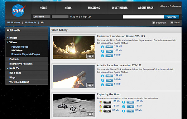 A NASA web page that offers a number of NASA videos in various formats and compression types.